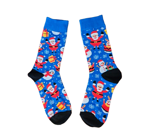 Pair of festive socks with Santa Claus and snowmen on a blue background