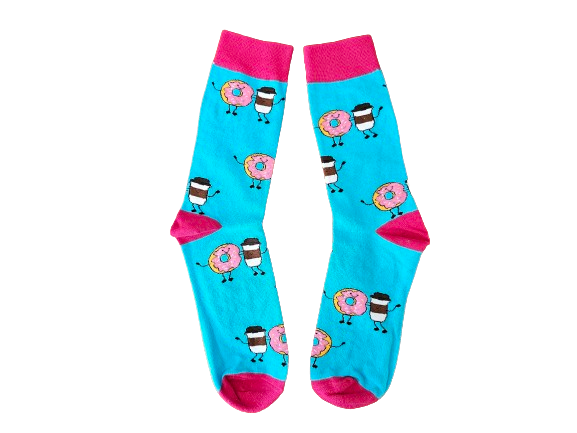 Bright blue socks with pink donuts and coffee cups on white background