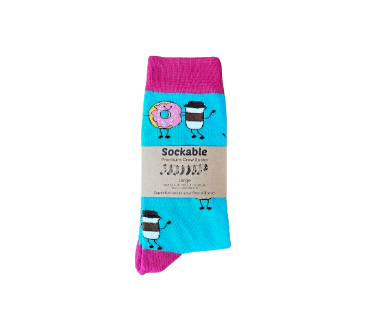 Unisex large crew socks with breakfast food print in packaging