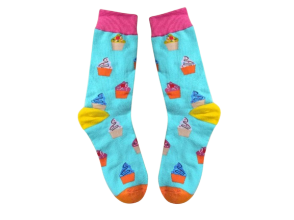 Bright blue socks with colourful cupcake pattern on white background