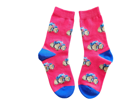 Red kids socks with monster truck print – size small laid flat