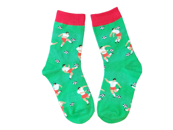 Green and red soccer socks for kids – children’s size 13–3 laid flat.