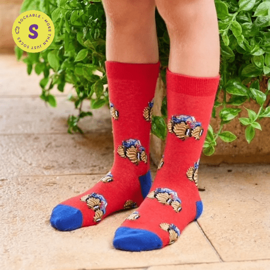 Monster truck socks for children aged 6–9 on model