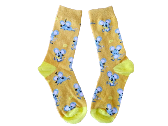 Bright yellow socks with cartoon mouse print on white background