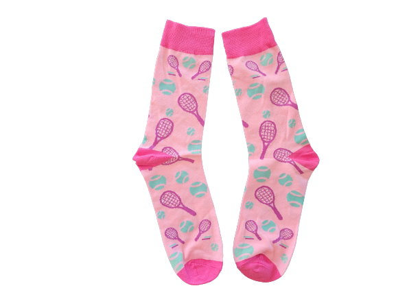 Pink crew socks with tennis rackets and balls on white background
