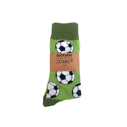 Soccer-themed crew socks for men’s 9–11 and women’s 8–11 labelled