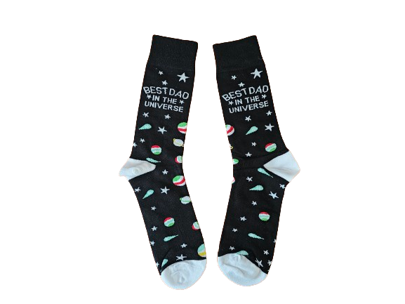 Black socks with ‘Best Dad in the Universe’ text and colourful stars