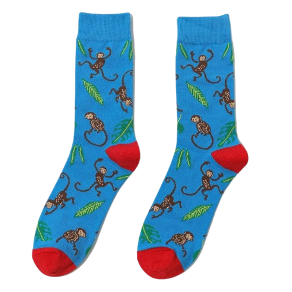 Monkey-themed novelty socks for menâs size 9â11, womenâs 8â11 laid flat