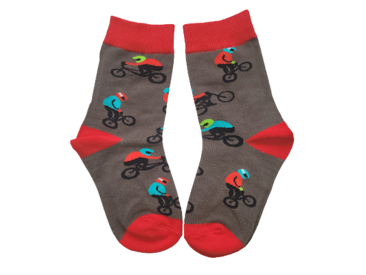 Grey kids socks with BMX bike riders – size extra small laid flat