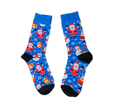 Pair of festive socks with Santa Claus and snowmen on a blue background