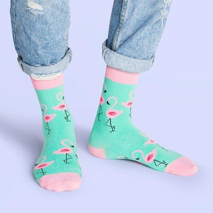 Flamingo-themed novelty crew socks, fun and colorful