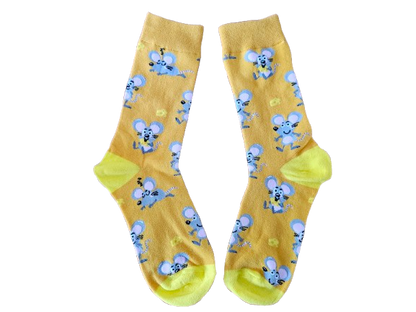 Bright yellow socks with cartoon mouse print on white background