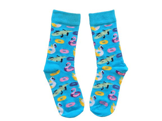 Bright blue kids socks with pool floats and toys – size small, laid flat