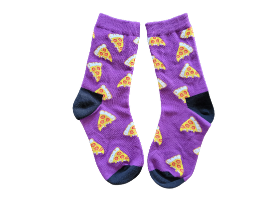 Purple crew socks with pepperoni pizza slices – kids size small laid flat