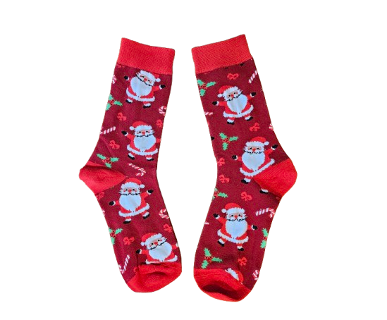 Red socks with Santa Claus pattern on a white background