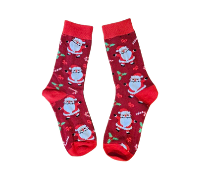 Red socks with Santa Claus pattern on a white background