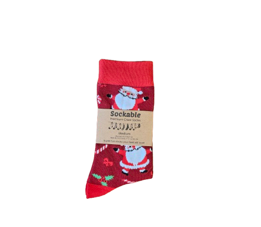 Red Christmas-themed sock with Santa Claus design on a white background