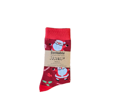 Red Christmas-themed sock with Santa Claus design on a white background