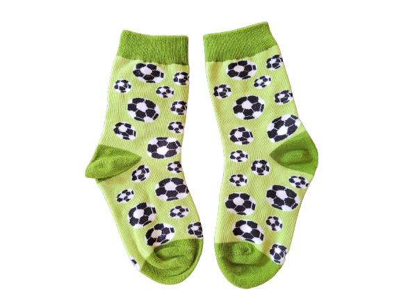 Green kids socks with black and white soccer balls – size extra small laid flat