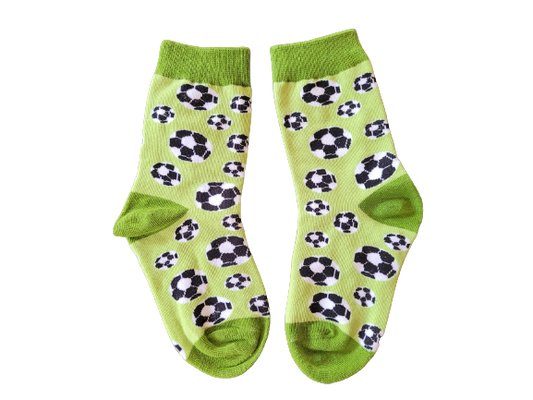 Green kids socks with black and white soccer balls – size extra small laid flat