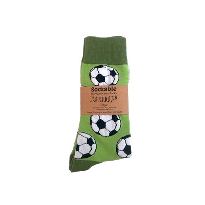 Soccer-themed crew socks for men’s 9–11 and women’s 8–11 labelled