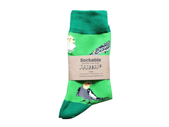 Green Weiro cockateil socks in packaging ready for gifting or fundraising