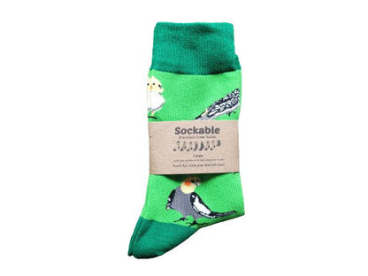 Green Weiro cockateil socks in packaging ready for gifting or fundraising