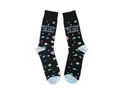 Black socks with ‘Best Dad in the Universe’ text and colourful stars