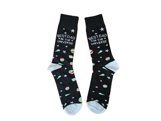 Black socks with ‘Best Dad in the Universe’ text and colourful stars