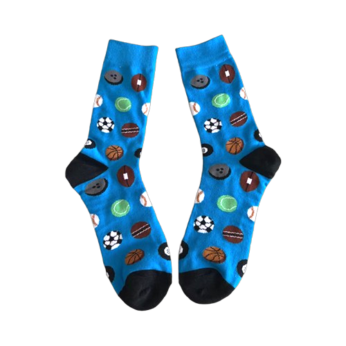 Blue sports socks with assorted balls – unisex size large.