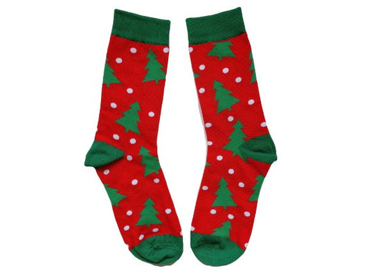 Red crew socks with green Christmas tree pattern and white polka dots