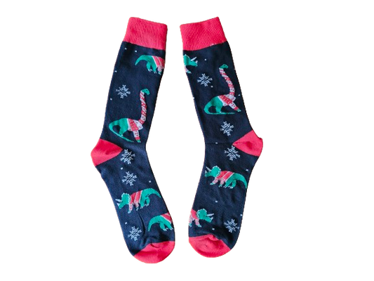 Christmas socks with dinosaurs in sweaters – black and red crew socks.