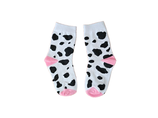 Moo Cow Socks for children’s shoe sizes 9–12 and 13–3 laid flat.