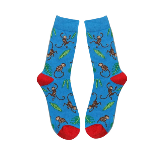 Bright blue chimpanzee socks with red toes – unisex large laid flat
