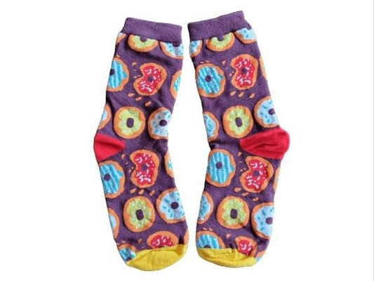 Purple kids crew socks with colourful iced donuts – size extra small