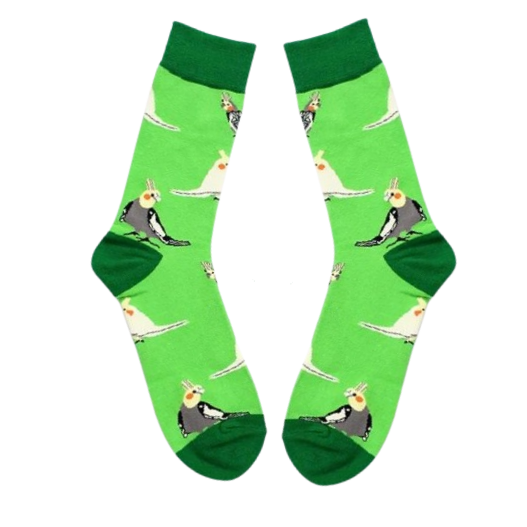 Bright green socks with cockatiel bird print on crew-length design