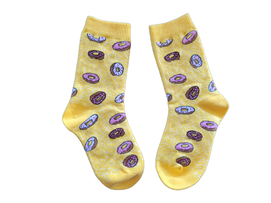 Yellow kids socks with purple donuts – size extra small laid flat
